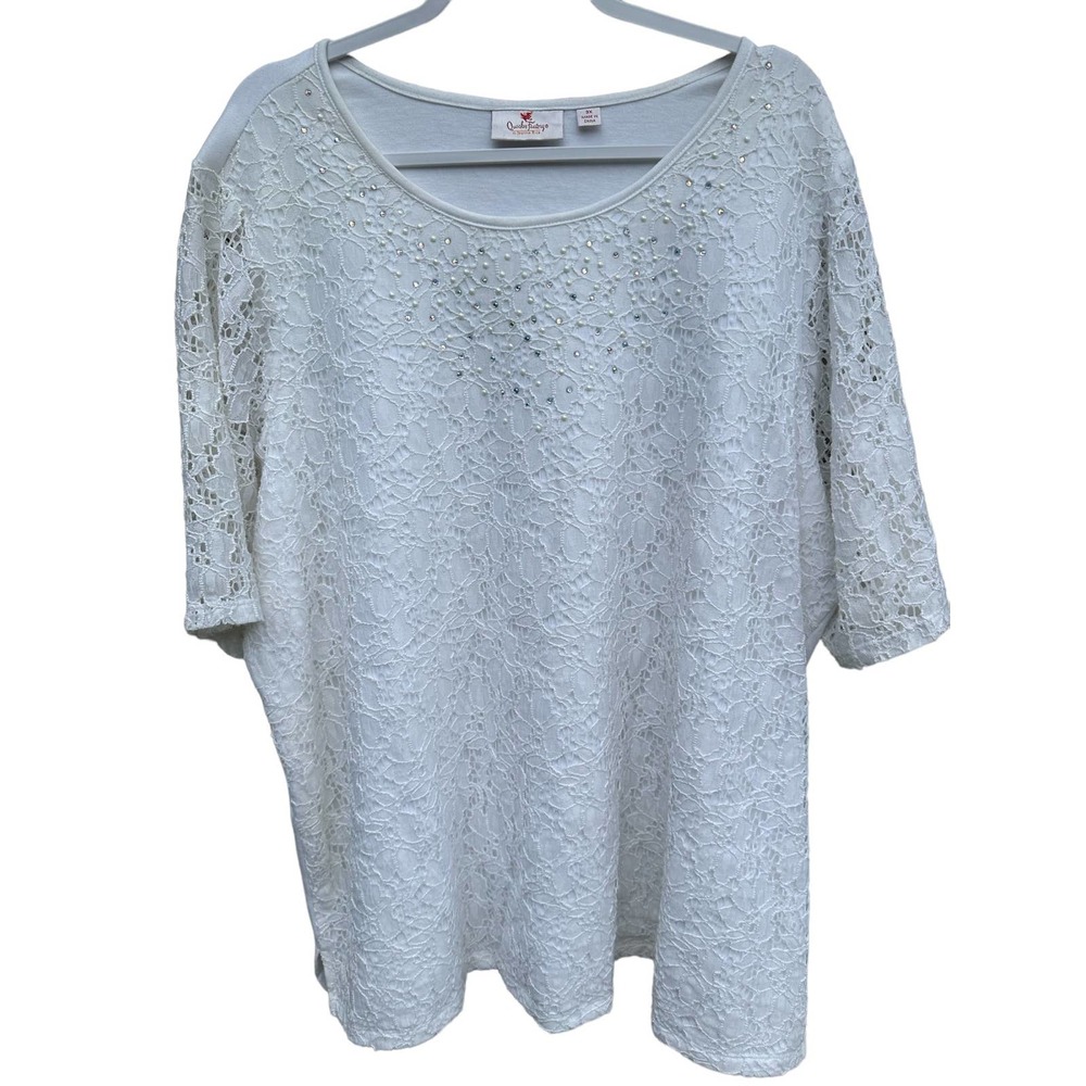 Quacker Factory Woman's top‎ White Short sleeve pearl rhinestone Lace 3xl
